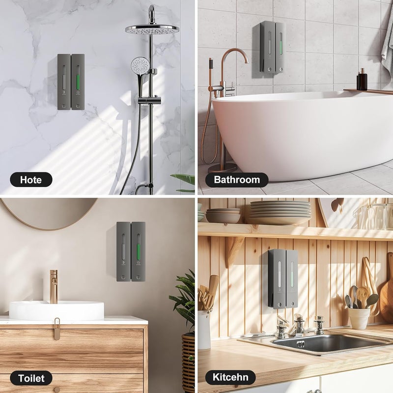 Aeakey Shampoo and Conditioner Dispenser 2-Chamber Wall-Mounted Shower Soap Dispenser, No-Drill Installation, 800ML Capacity, Ideal for Bathrooms and Hotels (Gun Grey) - Image 3